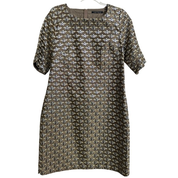 Luisa Cerano Dresses & Skirts - Luisa Cerano Bee Insect Print Metallic Jacquard Shift Dress Gold Brown 12